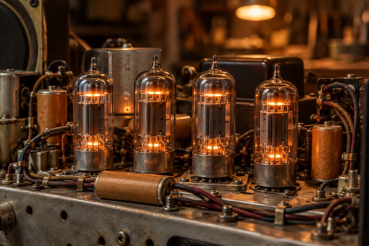 Illustration: vier glühende Elektronenröhren in einem offenen Radiochassis, warmes Werkstattlicht