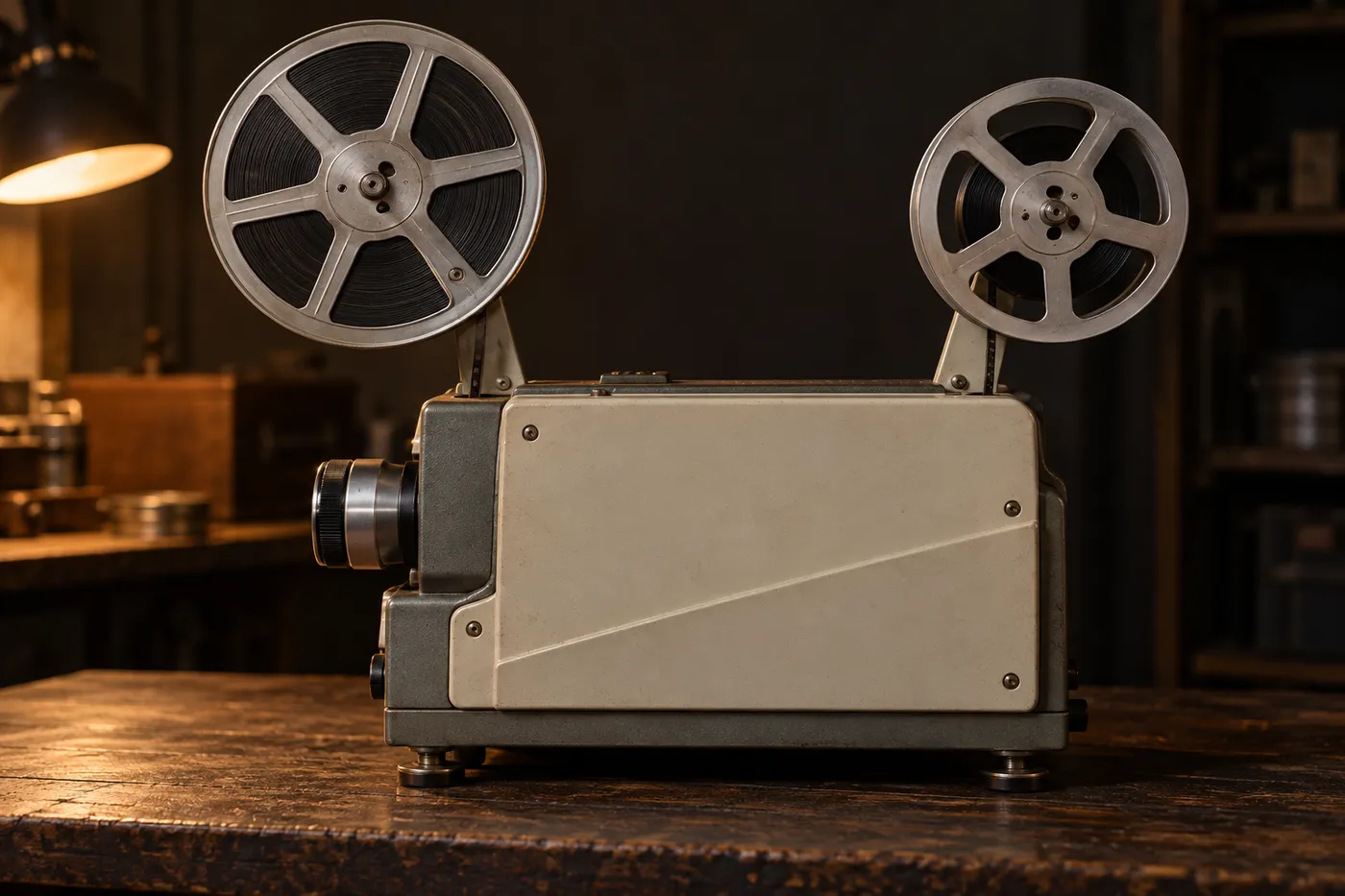 Illustration: ein cremefarbener Super-8-Tonfilmprojektor mit zwei Filmspulen, von der geschlossenen Seite, auf einer dunklen Holzwerkbank im warmen Lampenlicht